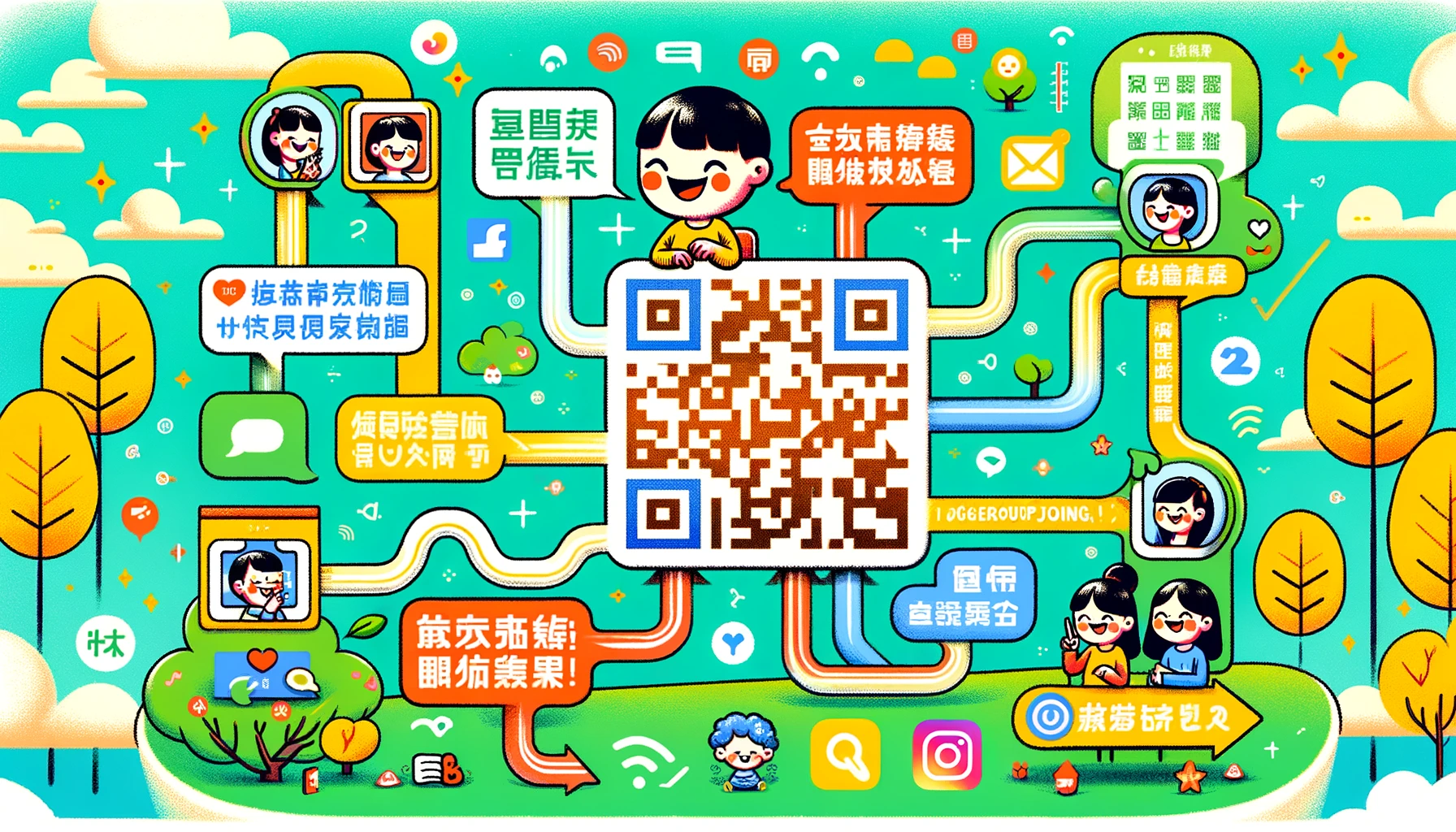 A cheerful illustration showing the use of a multi-functional QR code (活码) for group joining. The image includes a large central QR code labeled as 活码, connected to multiple smaller QR codes representing different WeChat groups. When one group reaches 200 members, the system automatically redirects users to the next available group. The background is lively with colorful graphics representing social media and connectivity, with icons for WeChat, QQ, and DingTalk. The overall style is playful and vibrant, focusing on the efficiency and fun of the 活码 system.