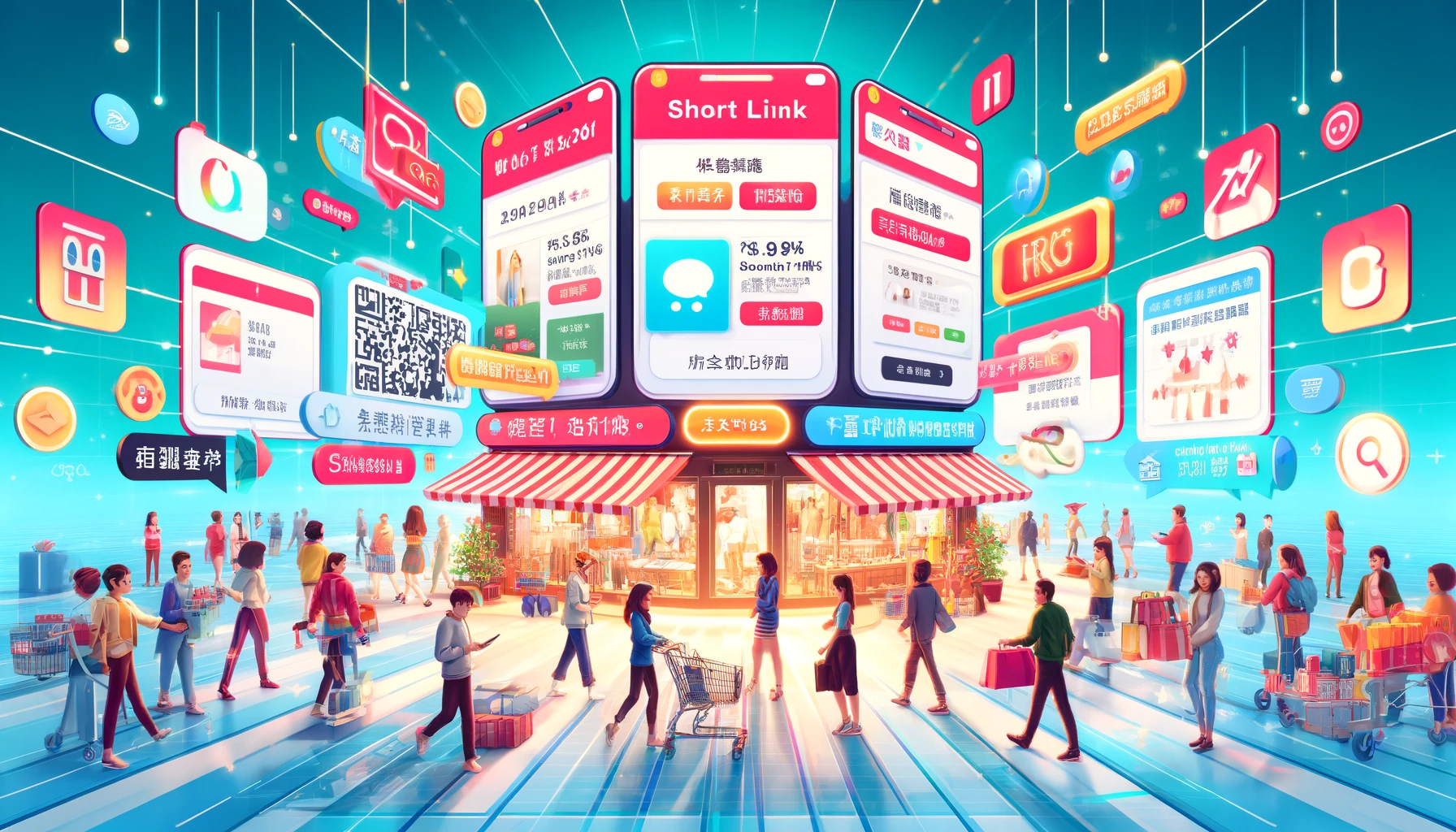 A vibrant and busy online shopping scene on the Tmall platform. Display a variety of product listings with short links prominently shown, highlighting their ease of sharing. Illustrate consumers easily accessing and sharing these links on social media platforms like WeChat and Weibo. Include elements that show the simplicity and efficiency of using short links for promotions, such as a promotional banner with a short link and a user scanning a QR code leading to a short link. The overall atmosphere should be dynamic and modern, reflecting the high-energy nature of online shopping.