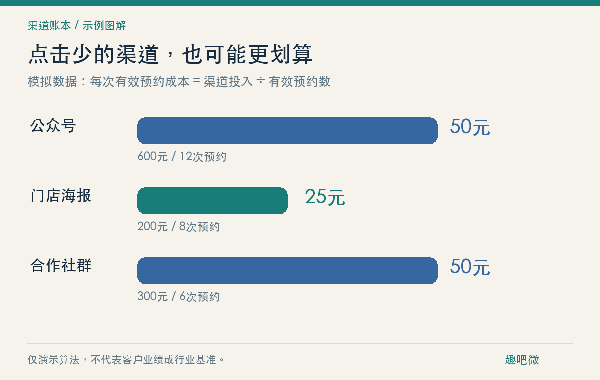 模拟投放：三种渠道的每次有效预约成本；不是实际客户业绩。