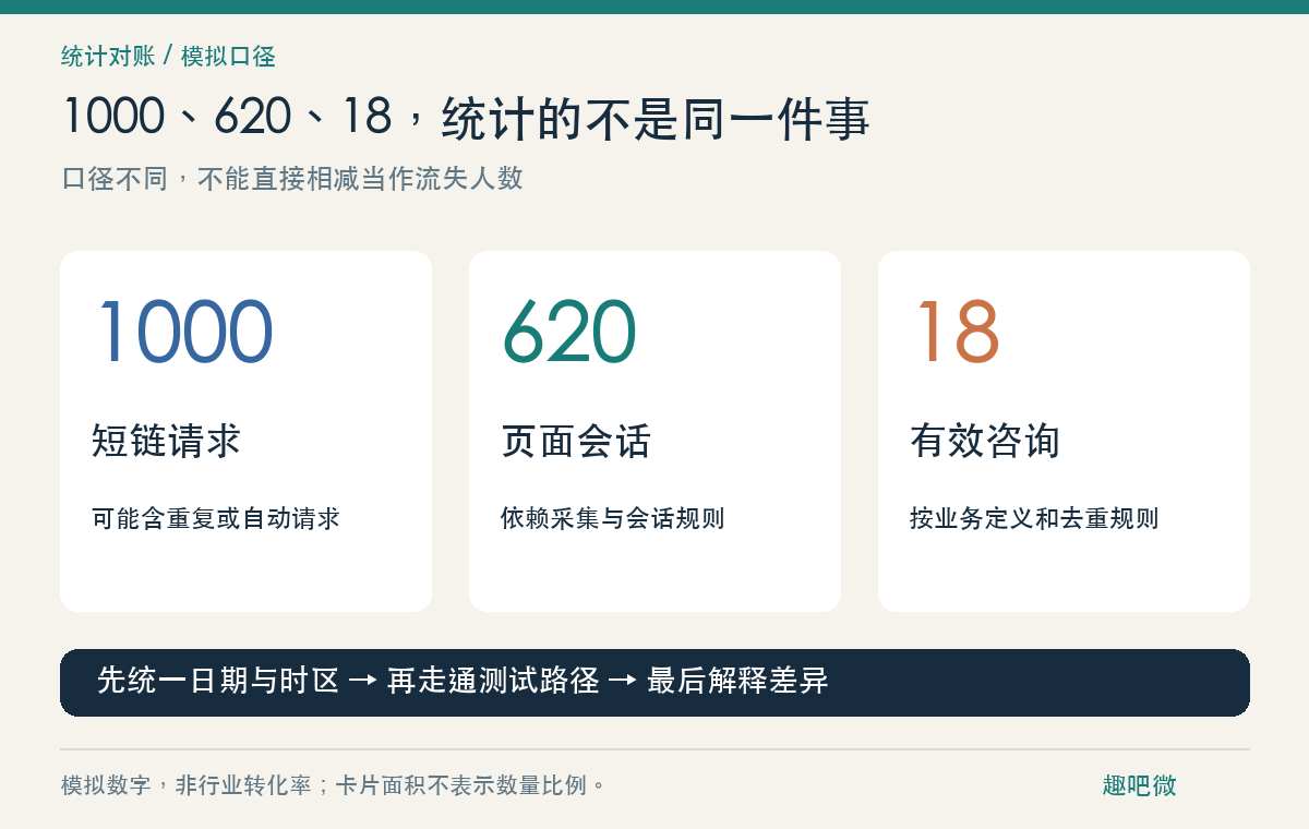 三个不同口径的模拟数字，不能直接相减当作流失人数，也不能当作行业转化基准。