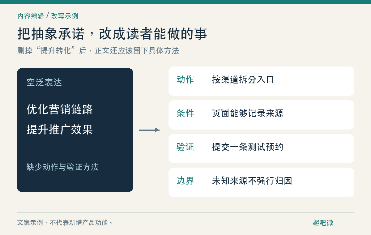 文案改写的四个落点：动作、条件、验证和边界；示例不代表产品功能承诺。